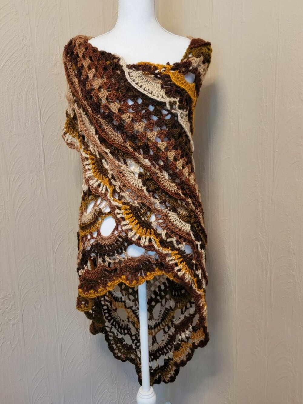 Boho Shawl Handmade Crochet Triangle Shawl Wrap Brown Moss Green Gold Tan